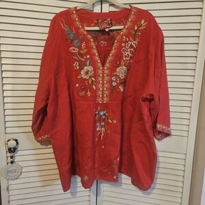 Johnny Was Red Floral Embroidered Blouse